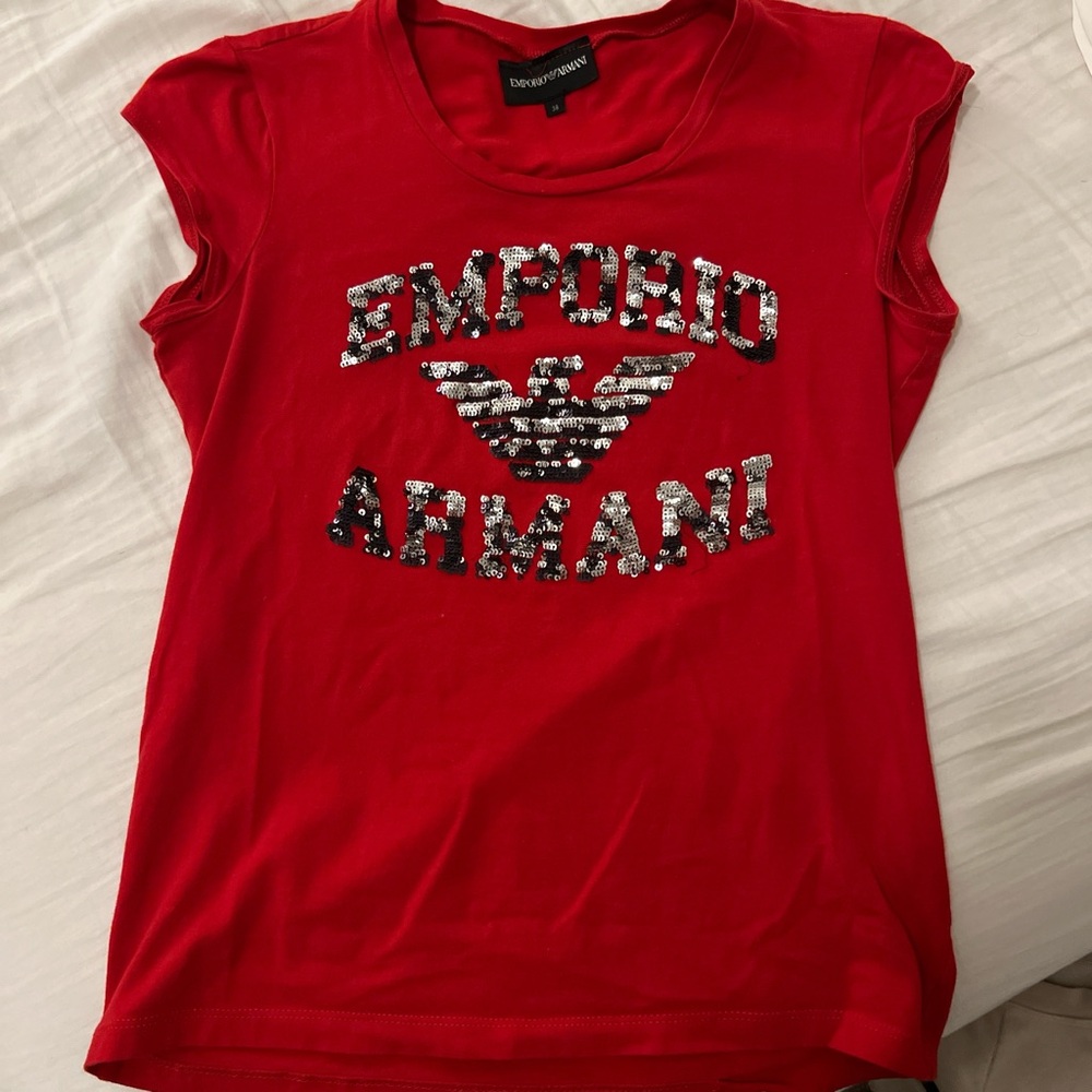 Emporio Armani Red Tee with Sequin Logo